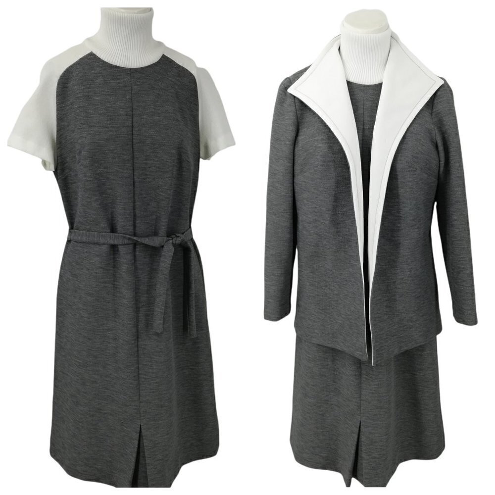 Vintage 70s Shift Dress Jacket Suit Set Size 16 Mock Neck 70s Jerrie Lurie Gray